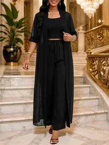 SHEIN Lady Women's Solid Color Short Sleeve Open Front Cardigan And Long Pants Casual Tropical European Elegant 2 Pieces Set Vacation Tea Party Black Summer - Black - View 4
