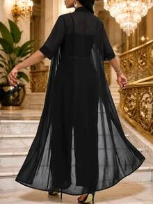 SHEIN Lady Women's Solid Color Short Sleeve Open Front Cardigan And Long Pants Casual Tropical European Elegant 2 Pieces Set Vacation Tea Party Black Summer - Black - View 2