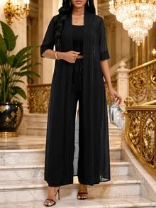 SHEIN Lady Women's Solid Color Short Sleeve Open Front Cardigan And Long Pants Casual Tropical European Elegant 2 Pieces Set Vacation Tea Party Black Summer - Black - View 5