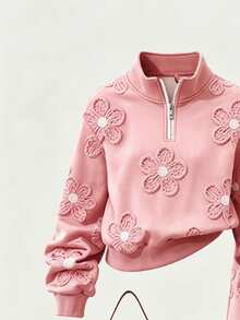 Teenage Girls' 2 Pieces Sweatshirt Set, Soft Pink Floral All-Over Print, Half-Zip Stand Collar Cropped Sweatshirt, Loose Casual Sporty Style, Sweet Floral Pattern, Versatile Outfit For Daily Wear And Outings, Autumn/Winter, Straight-Leg Sweatpants - Multicolor - View 6
