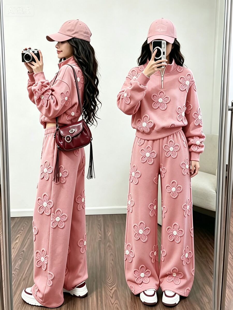 Teenage Girls' 2 Pieces Sweatshirt Set, Soft Pink Floral All-Over Print, Half-Zip Stand Collar Cropped Sweatshirt, Loose Casual Sporty Style, Sweet Floral Pattern, Versatile Outfit For Daily Wear And Outings, Autumn/Winter, Straight-Leg Sweatpants - Multicolor - View 1