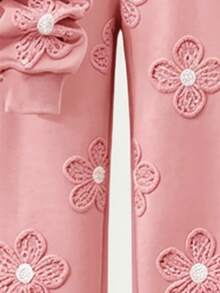 Teenage Girls' 2 Pieces Sweatshirt Set, Soft Pink Floral All-Over Print, Half-Zip Stand Collar Cropped Sweatshirt, Loose Casual Sporty Style, Sweet Floral Pattern, Versatile Outfit For Daily Wear And Outings, Autumn/Winter, Straight-Leg Sweatpants - Multicolor - View 4