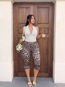 Muchica Plus Size Fashion Leopard Print 3/4 Length Leggings - Multicolor - View 5