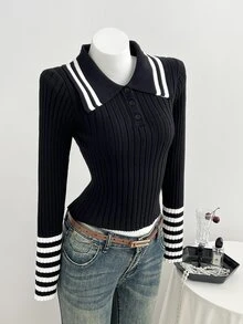 Balvessa Women's Autumn/Winter Lazy Minimalist Fashion Versatile Slim Fit College Style Polo Collar Pullover Sweater - Multicolor - View 3