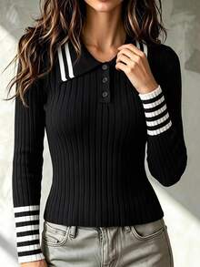 Balvessa Women's Autumn/Winter Lazy Minimalist Fashion Versatile Slim Fit College Style Polo Collar Pullover Sweater - Multicolor - View 1