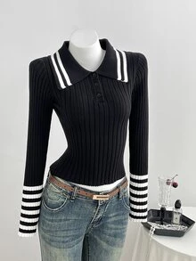Balvessa Women's Autumn/Winter Lazy Minimalist Fashion Versatile Slim Fit College Style Polo Collar Pullover Sweater - Multicolor - View 4