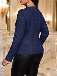 SHEIN Lady 女款純色雙排扣設計長袖優雅休閒薄款夾克 辦公商務海軍藍秋季 - 藏蓝色 - 查看 6