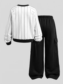 青少年女孩 Y2K 街頭風 2 件套運動褲套裝 垂直條紋圖案運動上衣 寬腿長褲 秋冬校園穿搭 - 黑色 - 查看 2