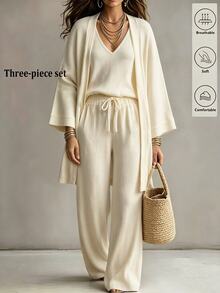 Balvessa Women Solid Color Ribbed Knitted, Vest, Long Pants,Overcoats Casual 3 Pieces SetAutumn/Winter - Apricot - View 1