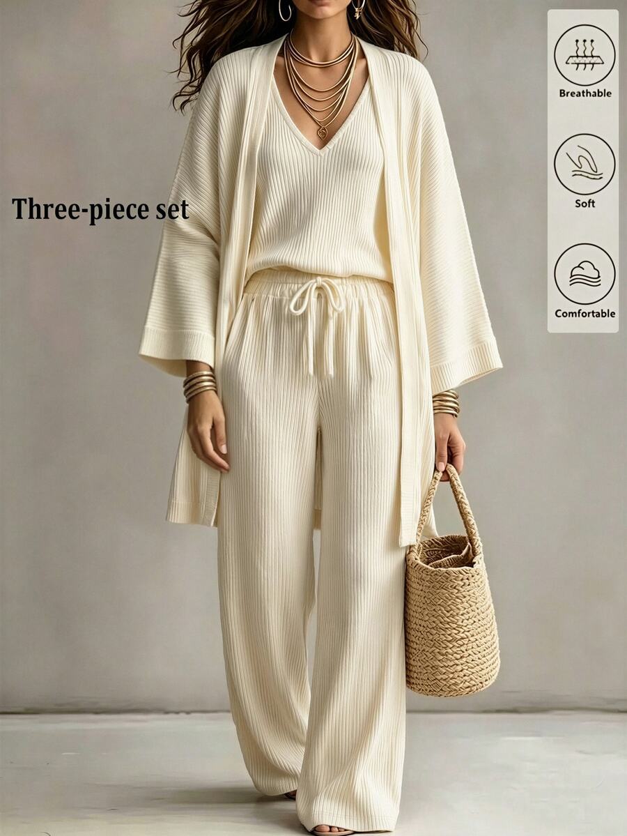 Balvessa Women Solid Color Ribbed Knitted, Vest, Long Pants,Overcoats Casual 3 Pieces SetAutumn/Winter - Apricot - View 1