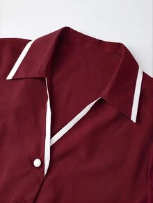 SHEIN Kemeja Kasual Serbaguna Wanita dengan Motif Blok Warna untuk Pemakaian Sehari-hari - Burgundy - View 6