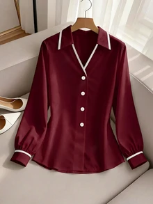 SHEIN Kemeja Kasual Serbaguna Wanita dengan Motif Blok Warna untuk Pemakaian Sehari-hari - Burgundy - View 3