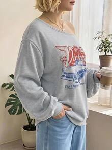 SHEIN CURVE+ 大尺碼女款字母印花休閒日常長袖運動衫 冬季 - 灰色 - 查看 2