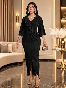 SHEIN Lady Women's Solid Color V-Neck Flare Sleeve Knot Hem Slit Dress Wedding Party Dinner Black Glitter Summer Sexy Elegant - Black - View 5
