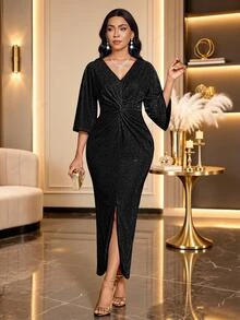 SHEIN Lady Women's Solid Color V-Neck Flare Sleeve Knot Hem Slit Dress Wedding Party Dinner Black Glitter Summer Sexy Elegant - Black - View 4
