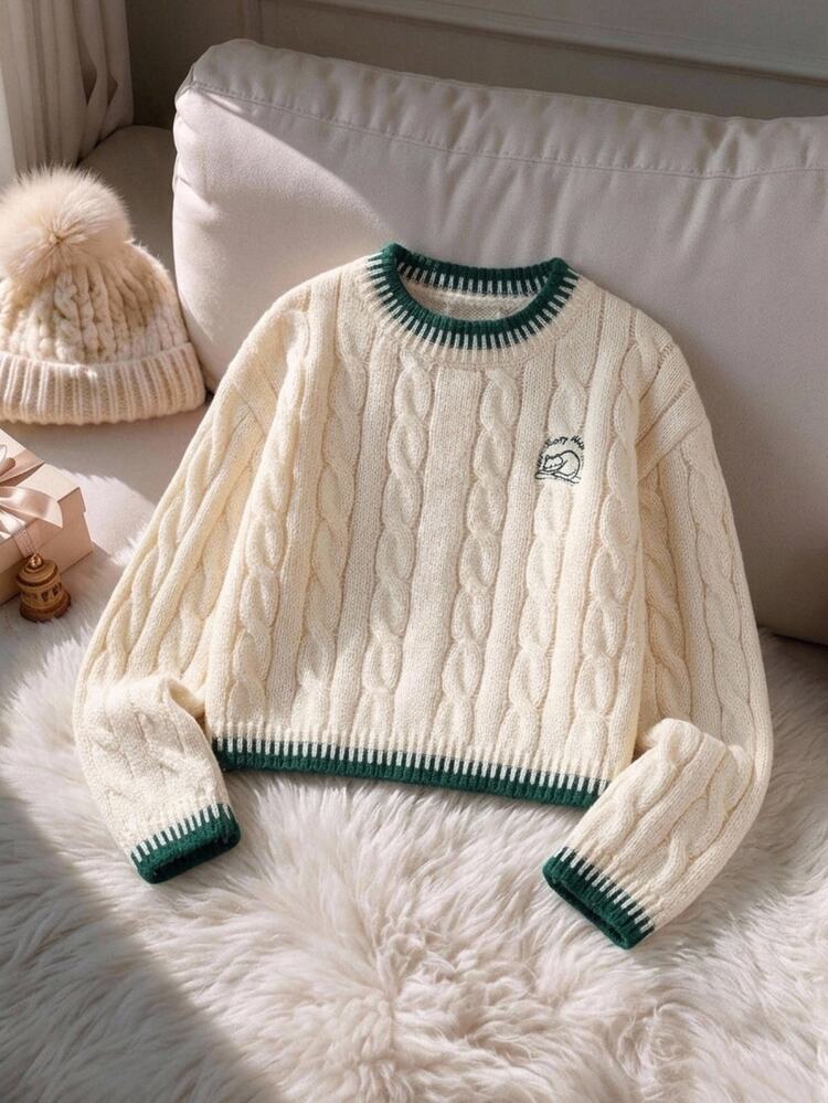 1 buah Sweater Pullover Anak Perempuan, Rajutan Kabel Klasik Warna Polos Modis Leher V Pas Ramping Lengan Panjang Tebal Reguler, Desain Bordir Kuda Hitam di Dada, Nyaman dan Pas, Cocok untuk Dipakai Sendirian, Pakaian Penting Musim Semi/Gugur, Kasual Serbaguna untuk Pakaian Sehari-hari, Kenyamanan di Rumah atau Aktivitas Luar Ruangan - Krem - View 9