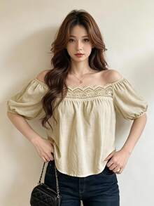 INAWLY Casual Fashion Lace Patchwork Off-Shoulder Women's Top - Apricot - View 1