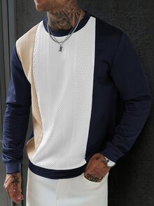 EGENSIO 男士拼色圓領長袖休閒套頭運動衫 - 藏蓝色 - 查看 3