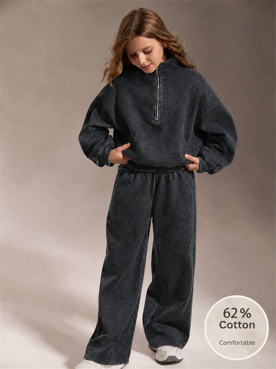SHEIN Tween Girls Autumn Outfits Quarter Zip Oversized Athletic Sweatshirt Sweatpants Set Relaxed Fit Back To School Casual Streetwear Student Dark Grey - Black - View 1