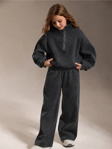SHEIN Tween Girls Autumn Outfits Quarter Zip Oversized Athletic Sweatshirt Sweatpants Set Relaxed Fit Back To School Casual Streetwear Student Dark Grey - Black - View 3