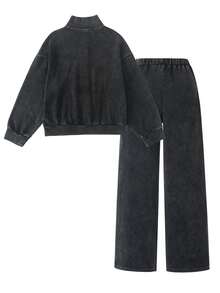 SHEIN Tween Girls Autumn Outfits Quarter Zip Oversized Athletic Sweatshirt Sweatpants Set Relaxed Fit Back To School Casual Streetwear Student Dark Grey - Black - View 2