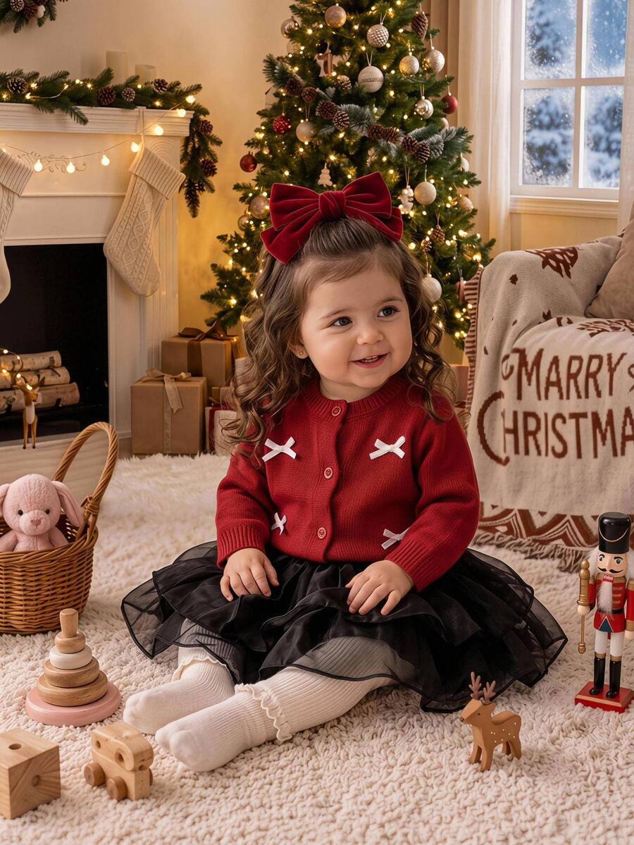 SHEIN Newborn Baby Cute Bow 3D Decor Single-Breasted Long Sleeve Autumn Sweater Christmas - Multicolor - View 1
