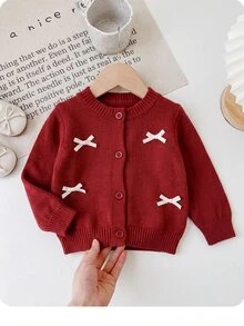 SHEIN Newborn Baby Cute Bow 3D Decor Single-Breasted Long Sleeve Autumn Sweater Christmas - Multicolor - View 3