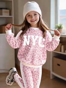 幼童女童 NYC 豹紋印花運動衫與條紋內搭褲套裝，粉色運動風 (2件組) 秋冬款 - 彩色 - 查看 3