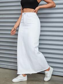 Jeanoix Festival Plus Size Y2K Denim White Non-Stretch Bodycon Skirt For Women - White - View 3