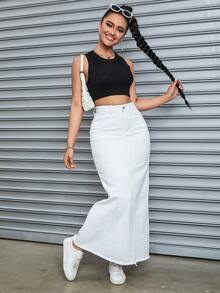 Jeanoix Festival Plus Size Y2K Denim White Non-Stretch Bodycon Skirt For Women - White - View 5