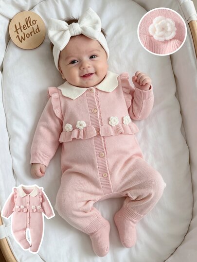 SHEIN Elladie kids Suéteres tipo mono para bebés niñas, mono de punto de manga larga con cuello para bebés y niños pequeños, mono con pies, adecuado para otoño/invierno