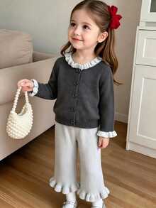 SHEIN Baby Girls Sweater Co-Ords Cardigan + Knitted Wide Leg Pants Set, Exquisite Ruffle Trim, Soft And Comfortable, Suitable For Daily Wear, Outings, Travel, Vacation, Daycare, Play, Christmas, Back To School, Party - Light Grey - View 3