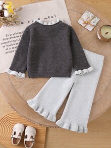 SHEIN Baby Girls Sweater Co-Ords Cardigan + Knitted Wide Leg Pants Set, Exquisite Ruffle Trim, Soft And Comfortable, Suitable For Daily Wear, Outings, Travel, Vacation, Daycare, Play, Christmas, Back To School, Party - Light Grey - View 2