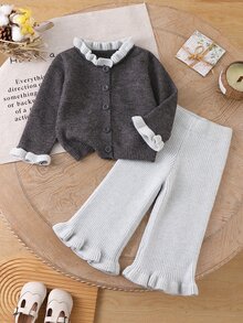 SHEIN Baby Girls Sweater Co-Ords Cardigan + Knitted Wide Leg Pants Set, Exquisite Ruffle Trim, Soft And Comfortable, Suitable For Daily Wear, Outings, Travel, Vacation, Daycare, Play, Christmas, Back To School, Party - Light Grey - View 1