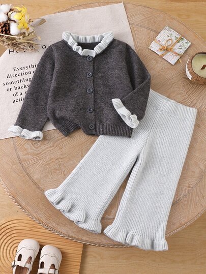 SHEIN Baby Girls Sweater Co-Ords Cardigan + Knitted Wide Leg Pants Set, Exquisite Ruffle Trim, Soft And Comfortable, Suitable For Daily Wear, Outings, Travel, Vacation, Daycare, Play, Christmas, Back To School, Party