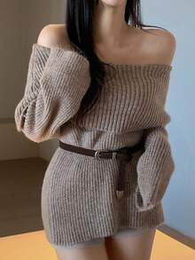 DAZY 女款純色修身露肩長袖性感優雅度假風秋冬針織毛衣 - 卡其色 - 查看 2