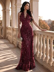 Coutiva Luxury Evening Gown, Sequin 3D Floral Decor, Elegant High-End Formal Dress For Gala - Burgundy - View 3