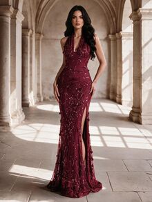 Coutiva Luxury Evening Gown, Sequin 3D Floral Decor, Elegant High-End Formal Dress For Gala - Burgundy - View 6