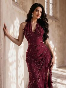 Coutiva Luxury Evening Gown, Sequin 3D Floral Decor, Elegant High-End Formal Dress For Gala - Burgundy - View 5