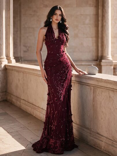 Coutiva Vestido de noche de lujo, decoración floral 3D con lentejuelas, vestido formal elegante de alta gama para gala