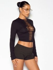 SUMWON WOMEN Atasan Crop Top Lengan Panjang Kerah Bulat dengan Detail Potongan Miring, Bahan Rajut Elastis Pas Badan, Cocok untuk Festival, Pesta, dan Acara Malam Hari - Hitam - View 4