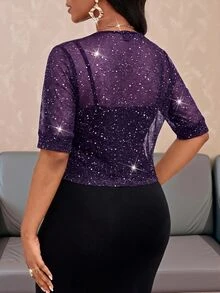 SHEIN Lady 女士短袖繫帶亮片紫色外套 - 紫色 - 查看 2