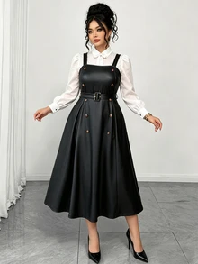 SHEIN Elenzya Plus Size Women's Elegant High-End Button PU Material Dress - Black - View 3