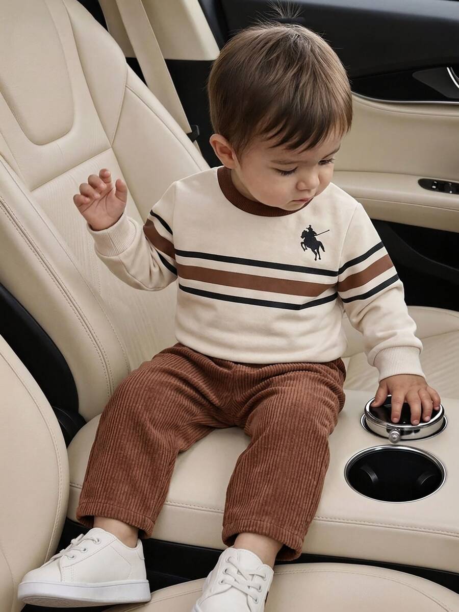 Souflis Souflis 2pcs Toddler Boy Sweatshirt Pants Set Preppy Beige Brown Striped Embroidery Corduroy Ribbed Long Sleeve Round Neck Regular Party Fall Sweaters Jumpers - Brown - View 1