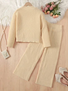 SHEIN Tween女孩2件組毛衣套裝，秋冬休閒優雅寬鬆落肩長袖3D花卉裝飾套頭毛衣搭配同款寬腿直筒褲，女童毛衣套裝，兒童毛衣套裝，時尚街頭通勤，杏色、奶油白 - 杏色 - 查看 2