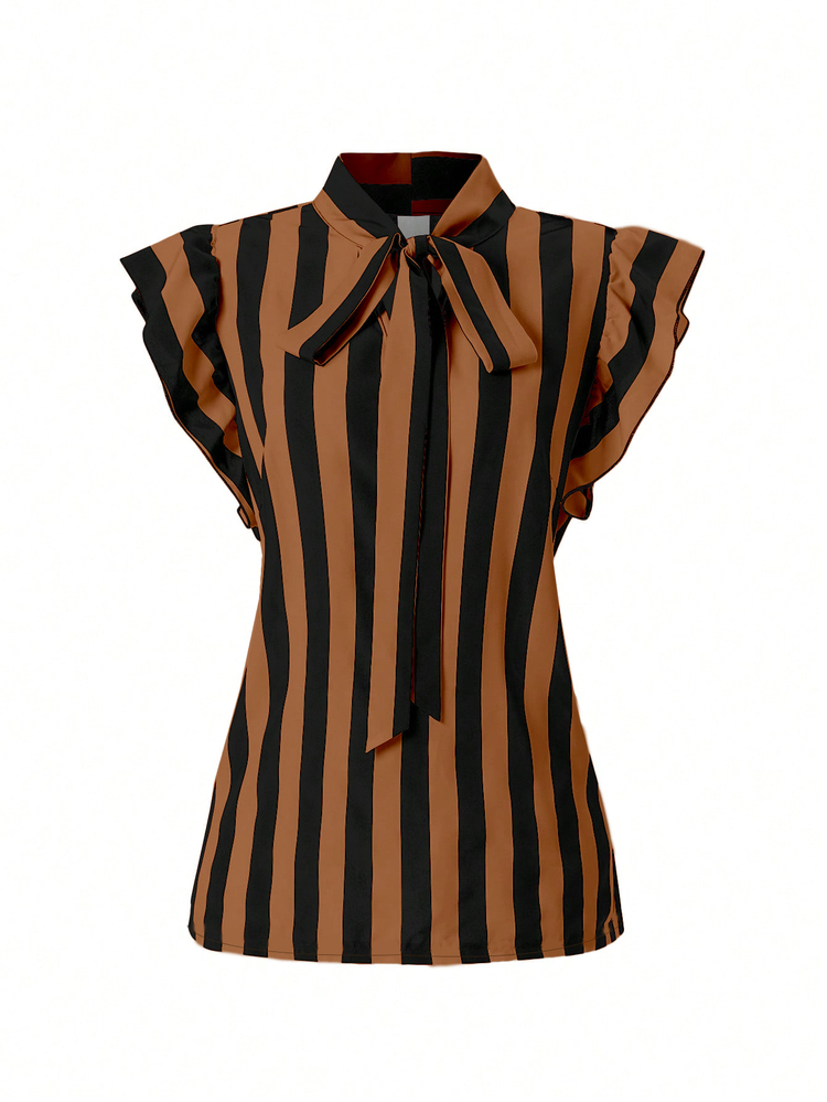 SHEIN LUNE CURVE Plus Size Women Black Autumn Elegant School Back-To-School Striped Ruffle Tie Bow Blouse&Retro Metal Button High Waist Wide Leg Pants Suspender Suit - Brown - View 9