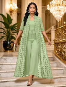 SHEIN Lady Tropical Jamaican European Commuter Brunch Tea Party Vacation Green Jacket And Pants 2 Pieces Set For Women Sage Green Summer Light Green - Green - View 7