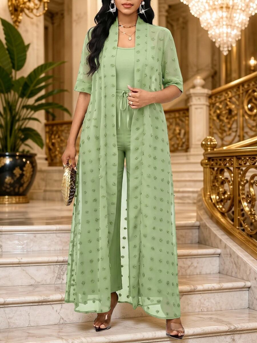 SHEIN Lady Tropical Jamaican European Commuter Brunch Tea Party Vacation Green Jacket And Pants 2 Pieces Set For Women Sage Green Summer Light Green - Green - View 1