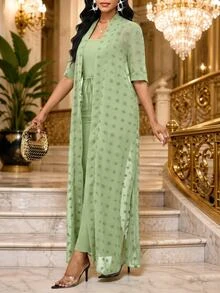 SHEIN Lady Tropical Jamaican European Commuter Brunch Tea Party Vacation Green Jacket And Pants 2 Pieces Set For Women Sage Green Summer Light Green - Green - View 4