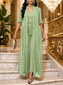SHEIN Lady Tropical Jamaican European Commuter Brunch Tea Party Vacation Green Jacket And Pants 2 Pieces Set For Women Sage Green Summer Light Green - Green - View 5